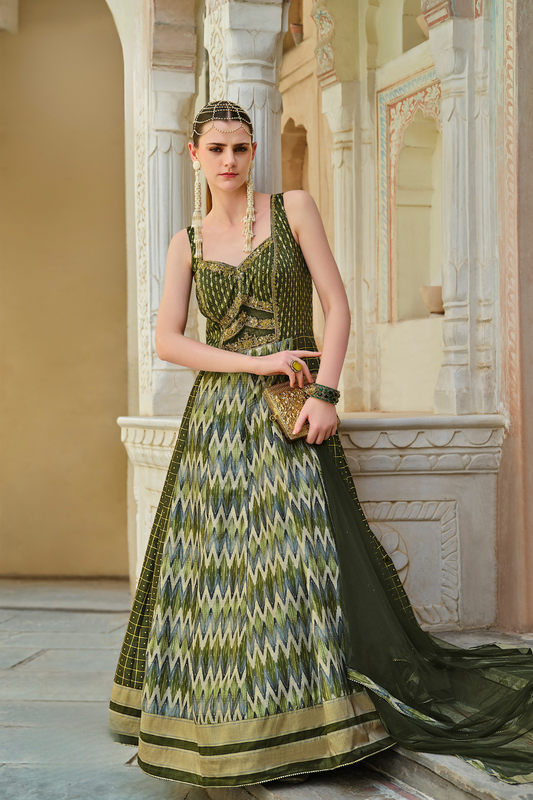 Green Foil Printed Silk Embroidered Festive Anarkali Gown (Copy)