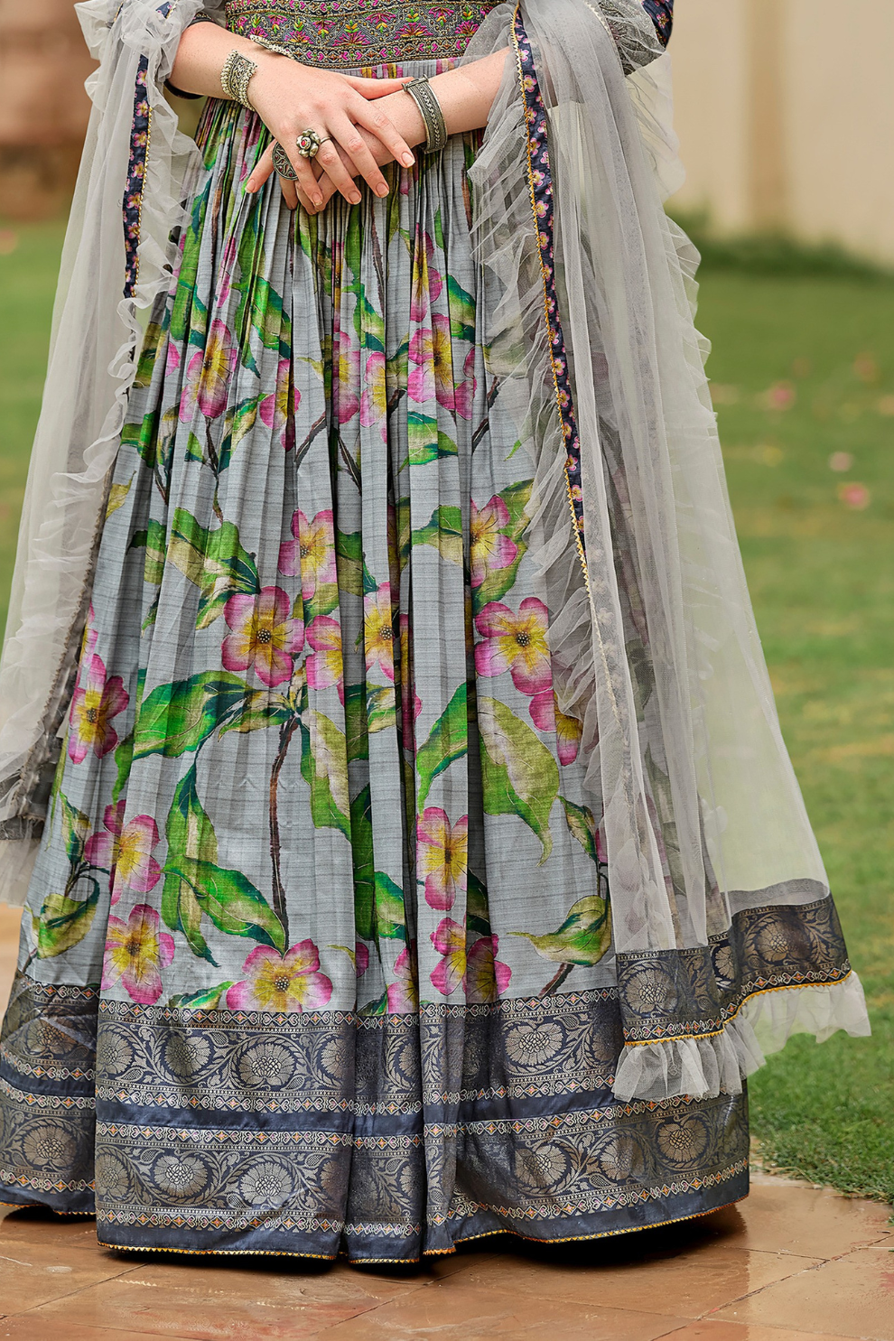 Majesty Grey Silk Designer Gown With Elegant Embroidery