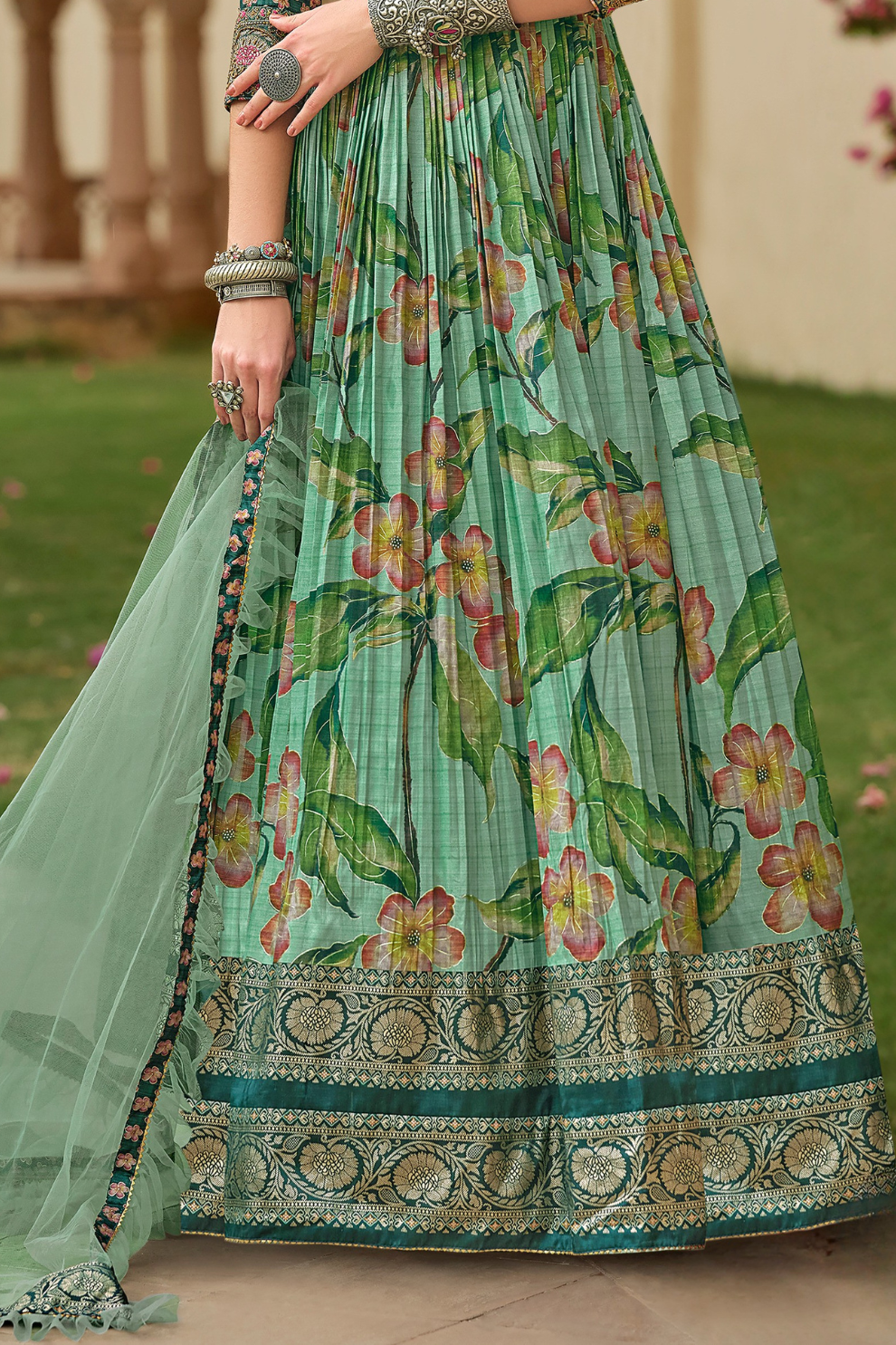 Artisan Green Gown In Silk With Detailed Embroidery & Decorative Work