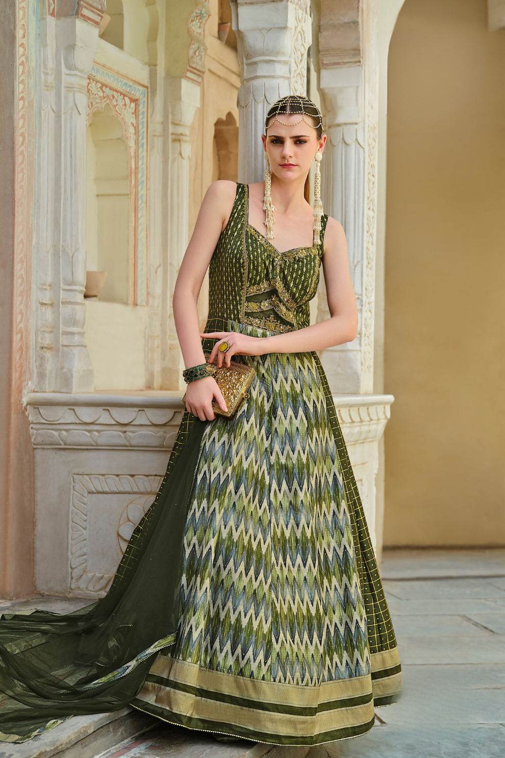 Green Foil Printed Silk Embroidered Festive Anarkali Gown
