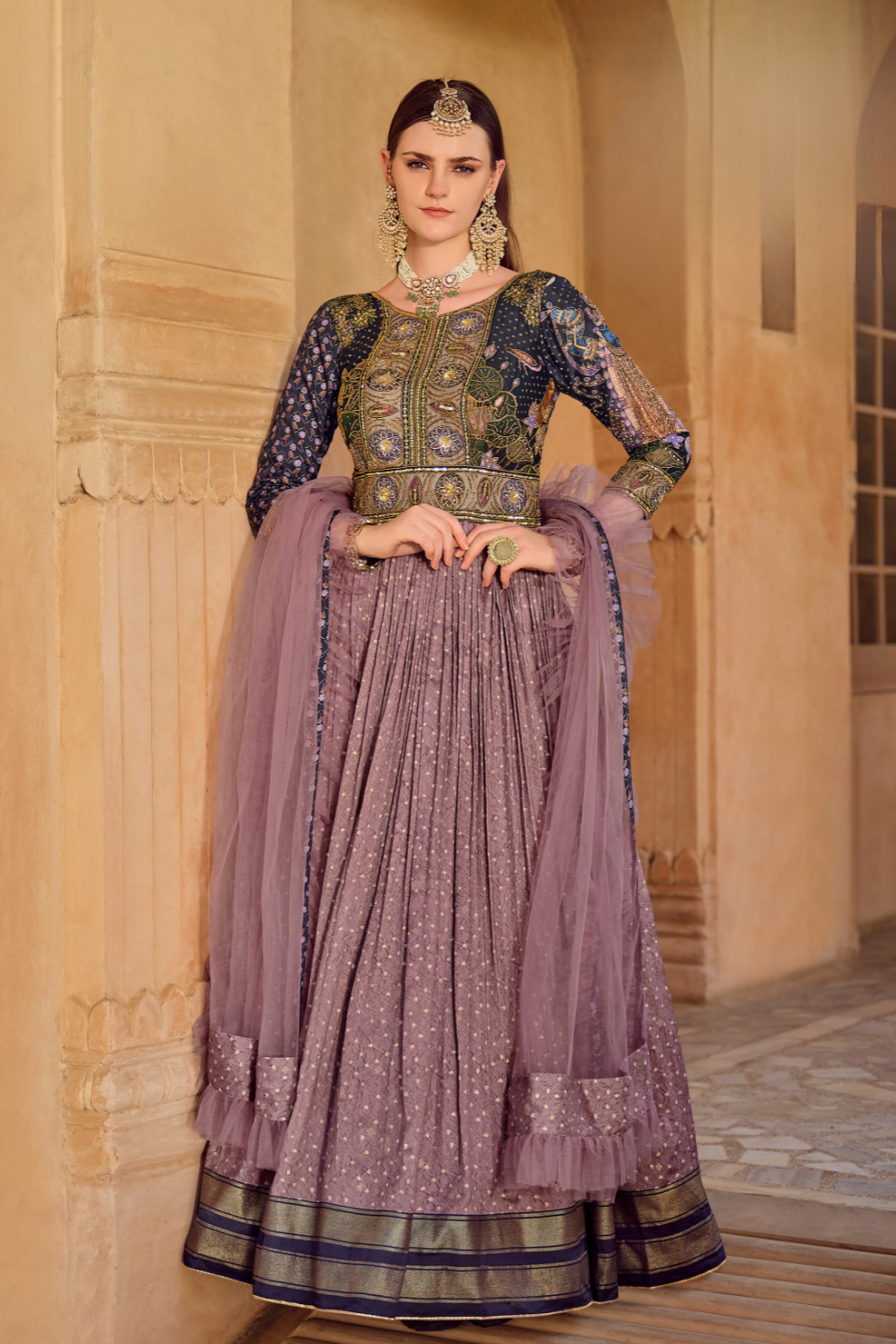 Elegant Purple Silk Gown with Delicate Thread Embroidery