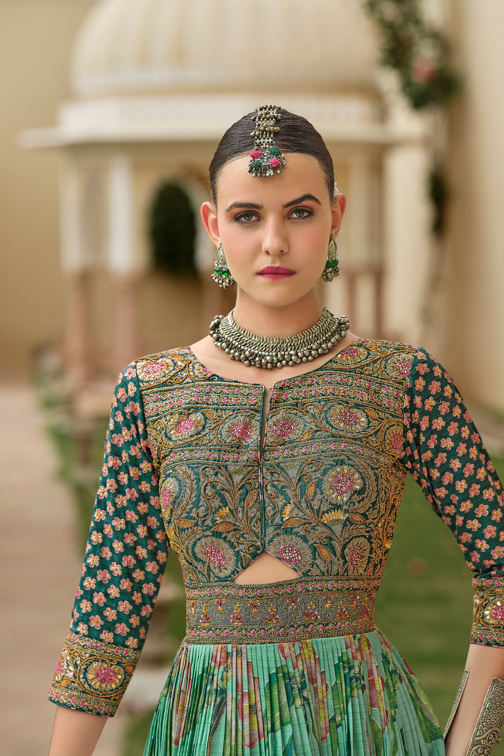 Artisan Green Gown In Silk With Detailed Embroidery & Decorative Work