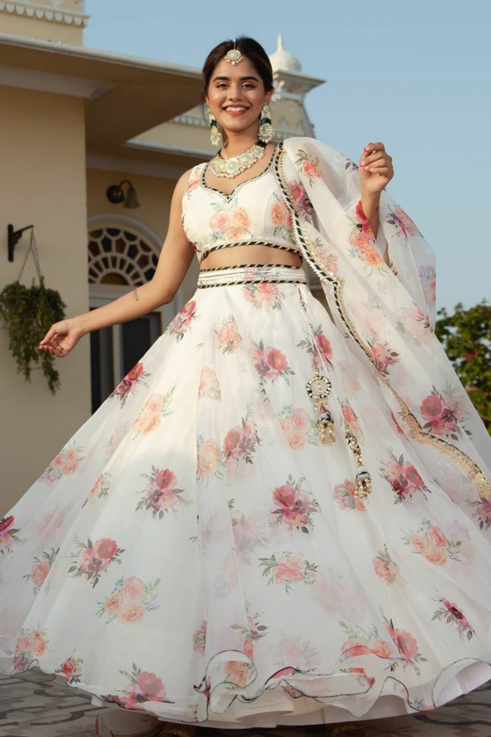 Delicate Floral Print Organza Lehenga Choli in Flared Style
