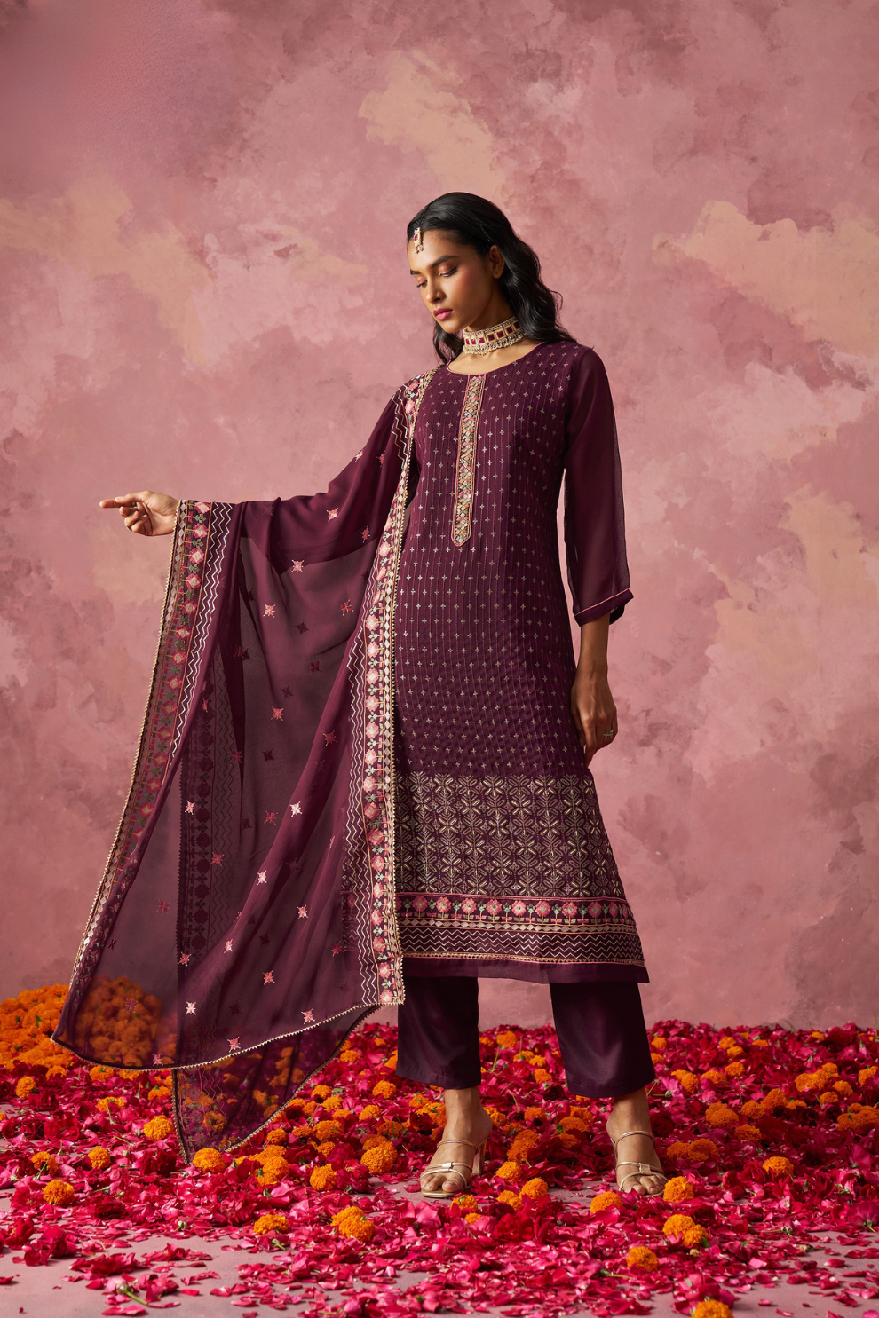 Indo-Western Wine-Colored Straight Kurta Set with Intricate Embroidery