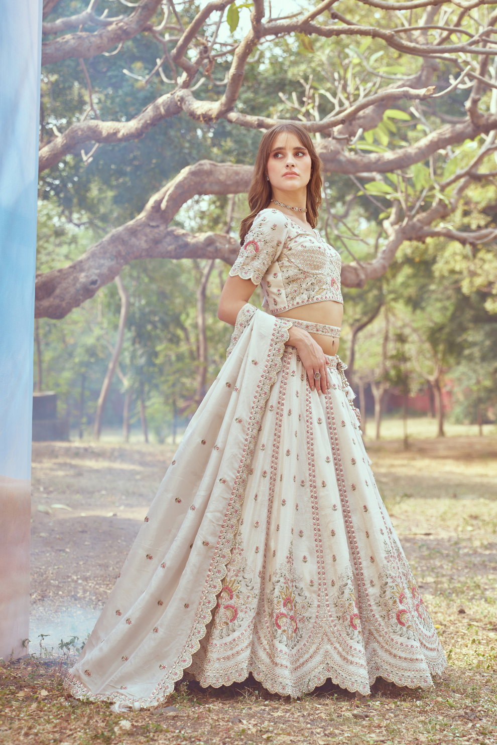 Gold Crushed Tissue Lehenga Choli with Moti and Zari Work