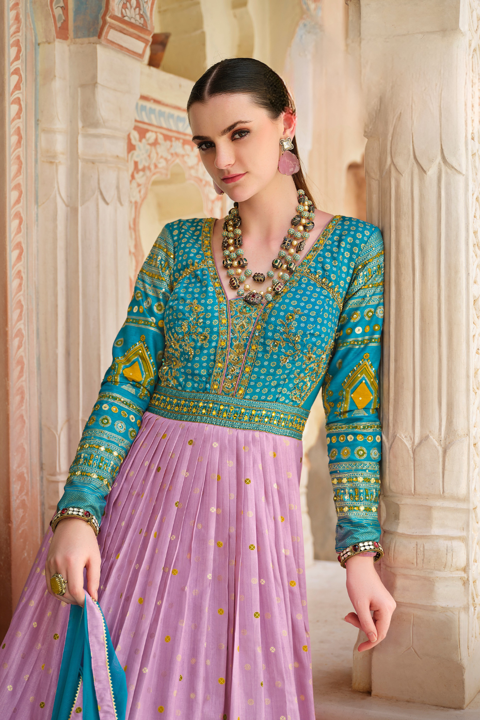 Dual-Tone Pink & Azure Blue Silk Gown With Intricate Hand Embroidery