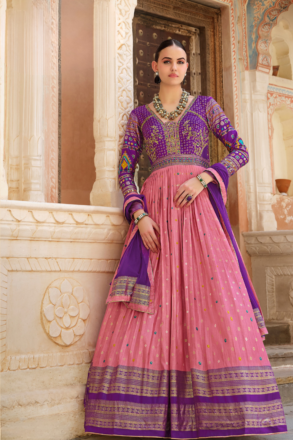 Silk Foil Printed Ancestral Gown In Violet Pink Tones