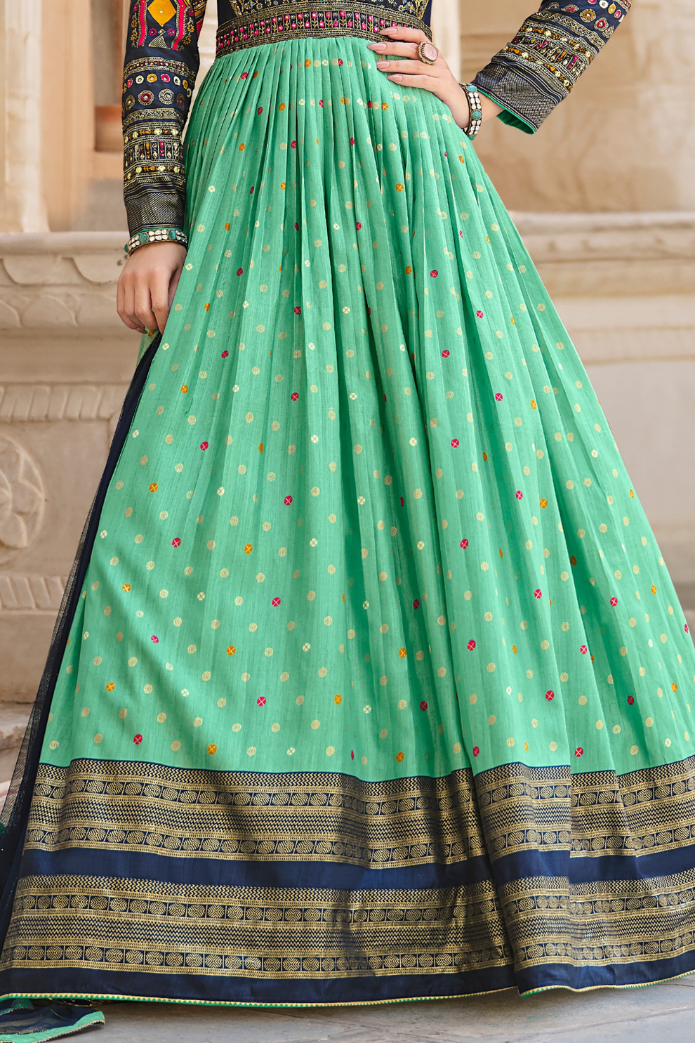 Elegant Green & Blue Silk Gown With Foil Print And Intricate Embroidery