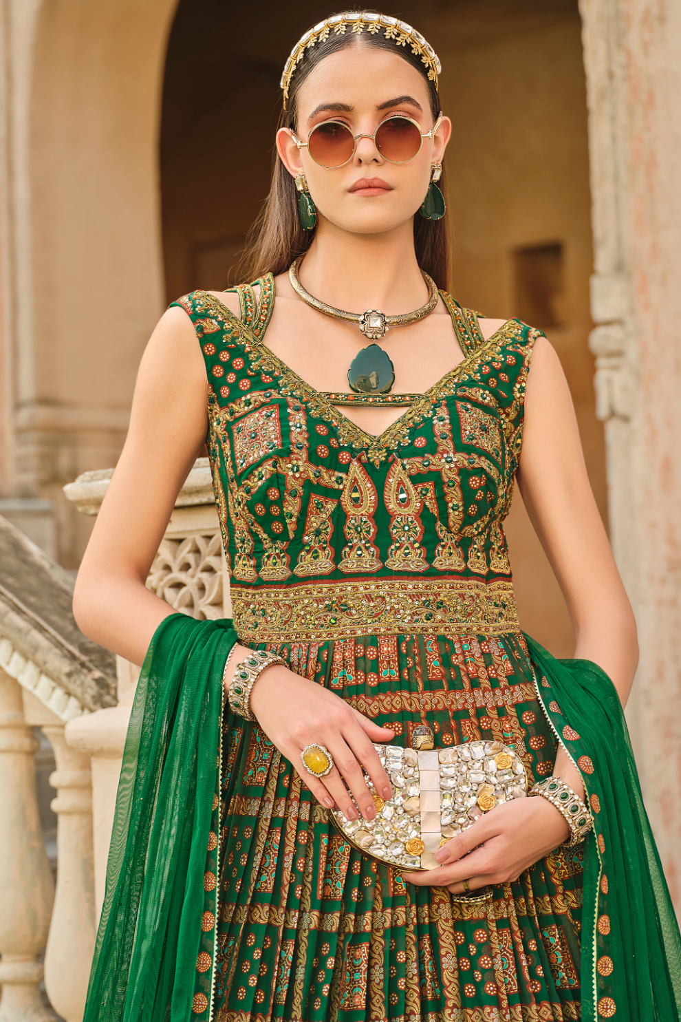 Graceful Green Silk Gown With Detailed Hand Embroidery