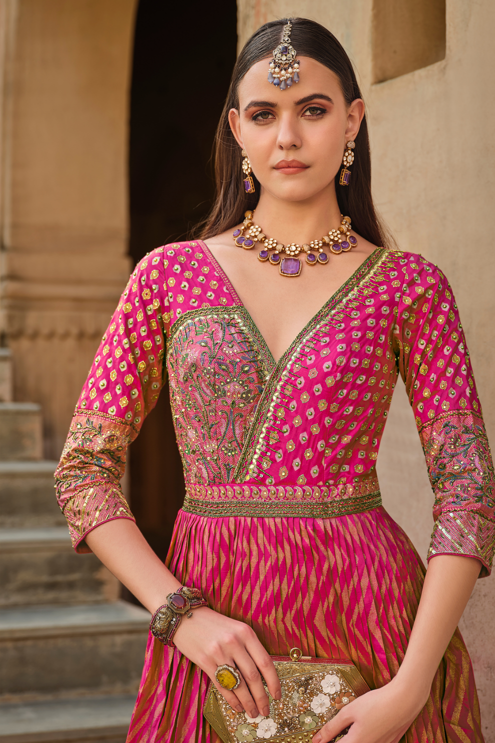 Elegant Rani Pink Hand-Embroidered Silk Gown With Graceful Dupatta