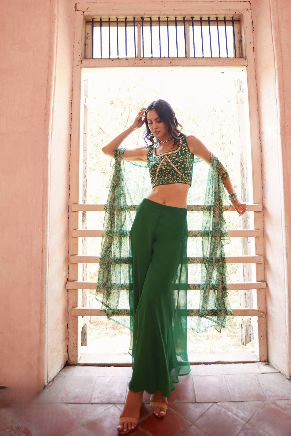 Elegant Indo-Western Green Shrug with Palazzo Outfit