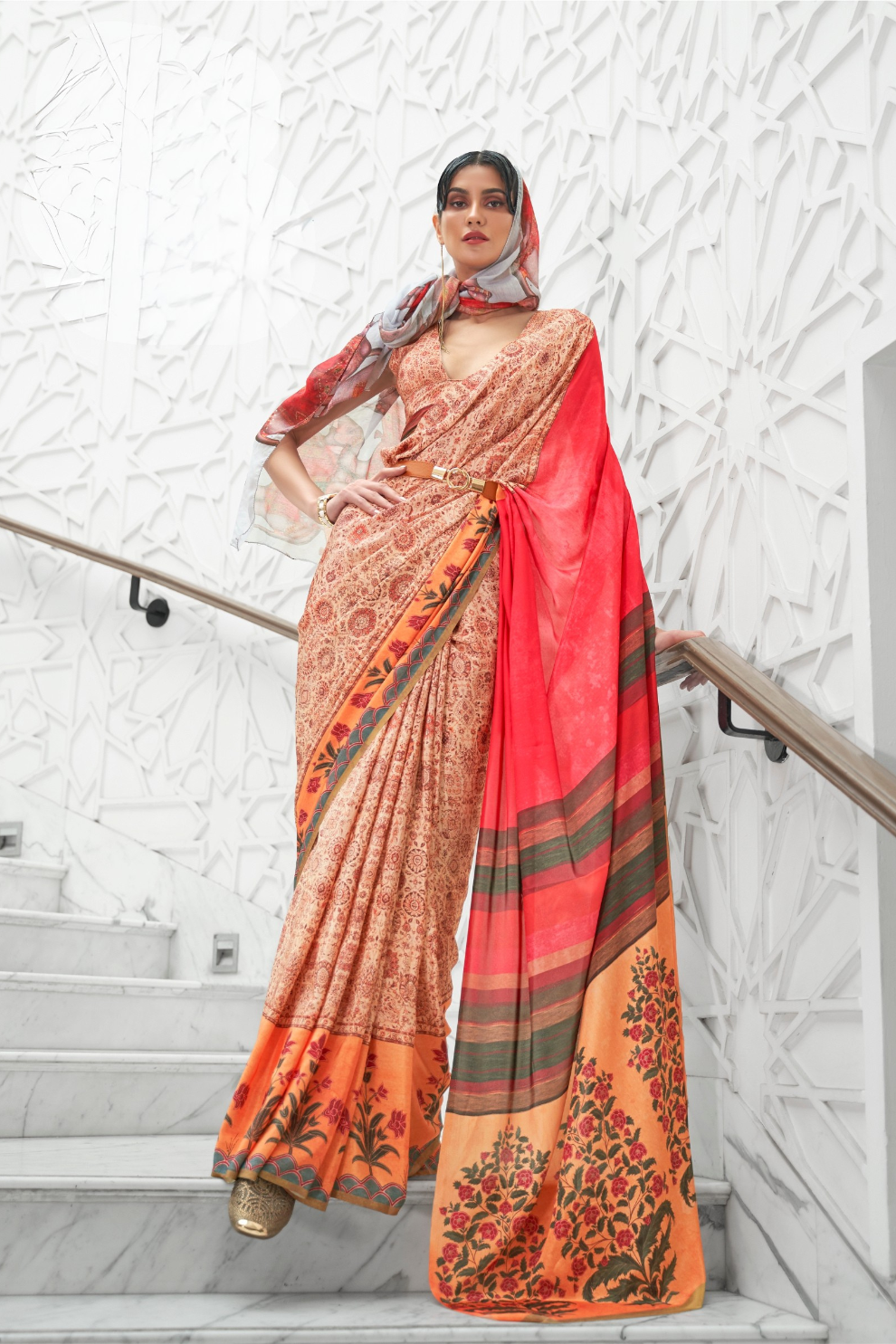 Digital Floral Printed Crepe Silk Saree with Graceful Drape