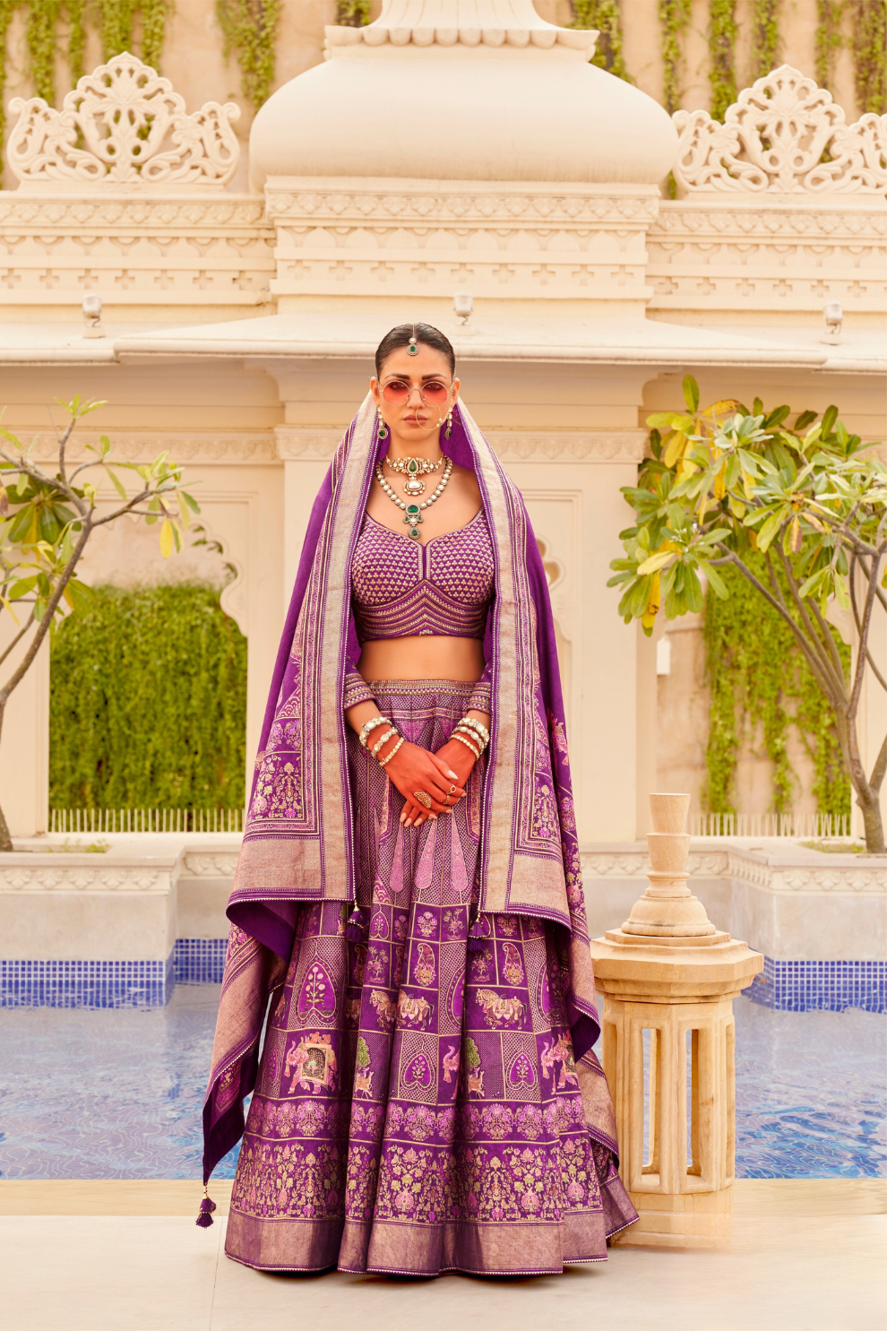 Regal Plum Printed Bridal Lehenga & Floral Print Kurta Set for Couple - LaVante Fashion