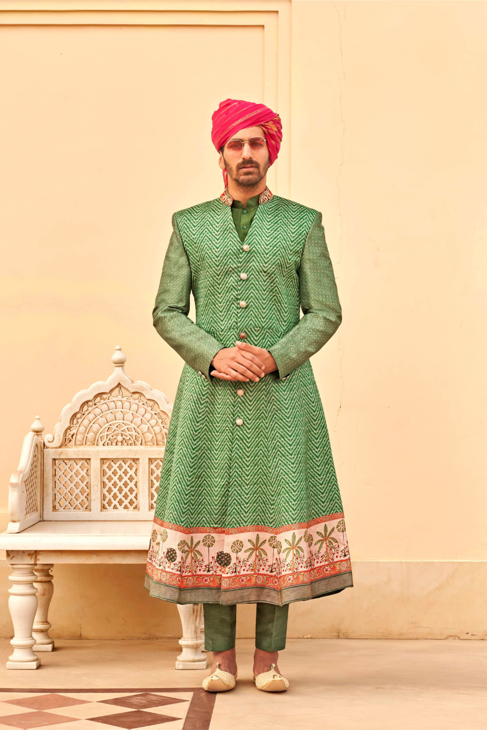 Designer Couple Outfit in Green Kurta Skirt and Men Indowestern Kurta - LaVante Fashion