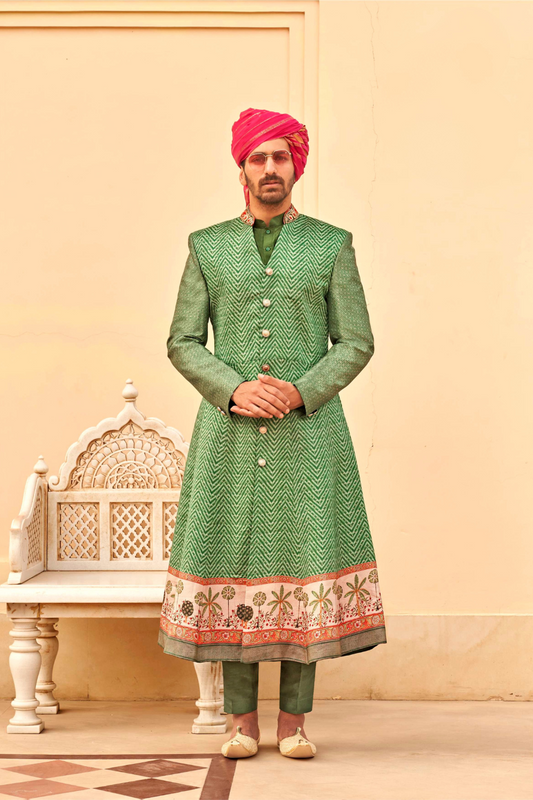 Designer Couple Outfit in Green Kurta Skirt and Men Indowestern Kurta - LaVante Fashion