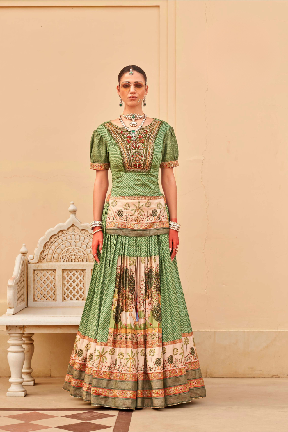 Designer Couple Outfit in Green Kurta Skirt and Men Indowestern Kurta - LaVante Fashion