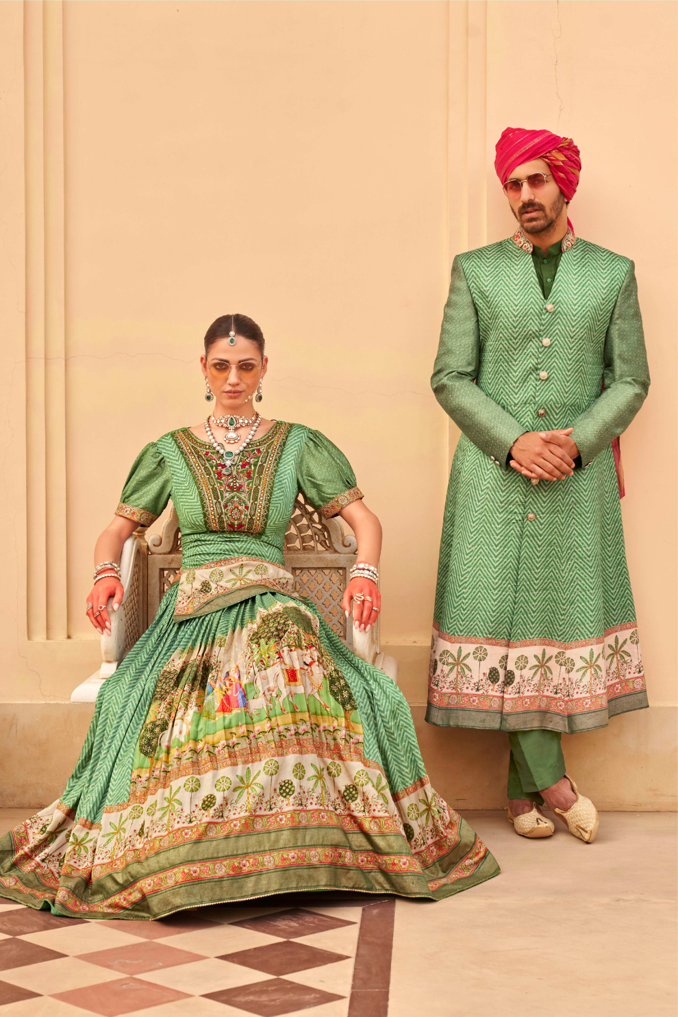 Designer Couple Outfit in Green Kurta Skirt and Men Indowestern Kurta - LaVante Fashion
