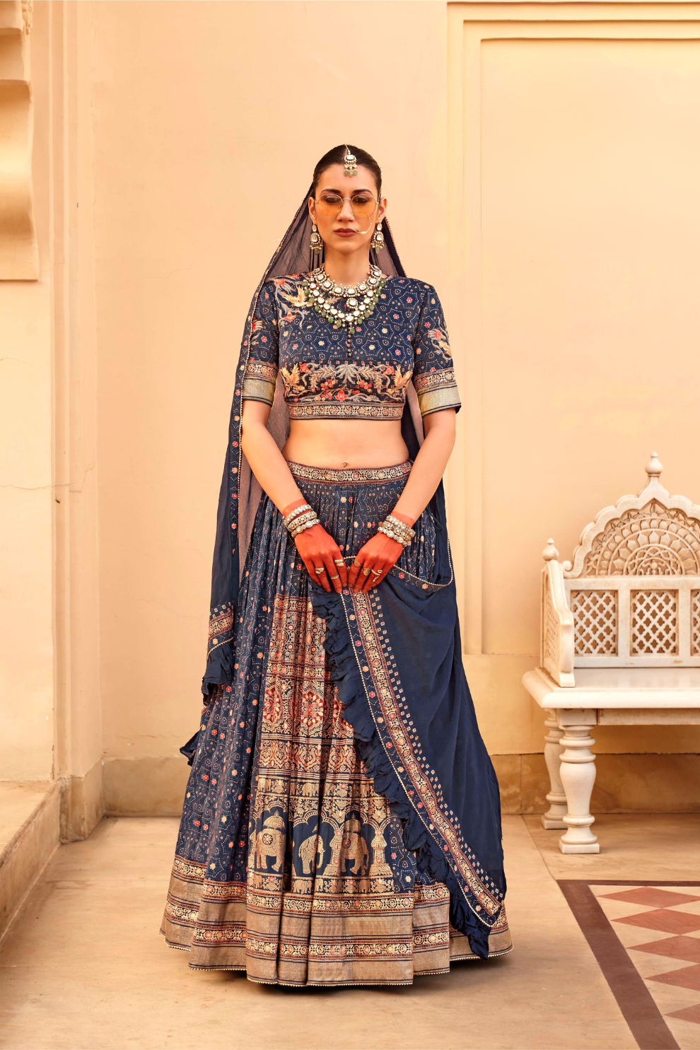 Designer Couple Outfit in Blue Kurta Skirt and Men Indowestern Kurta - LaVante Fashion