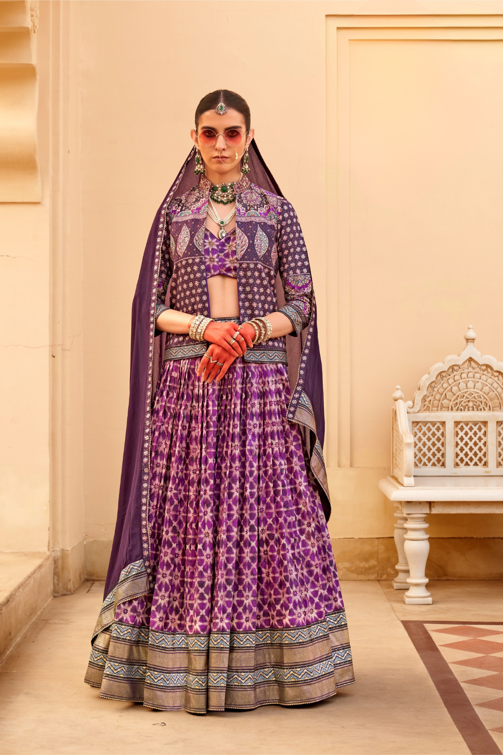 Regal Violet Bridal Lehenga & Floral Print Kurta Set for Couple - LaVante Fashion