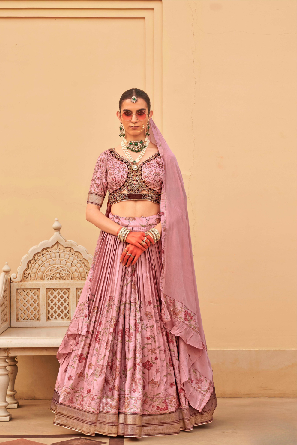 Designer Couple Outfit in Peach Floral Kurta Skirt and Men Indowestern Kurta - LaVante Fashion