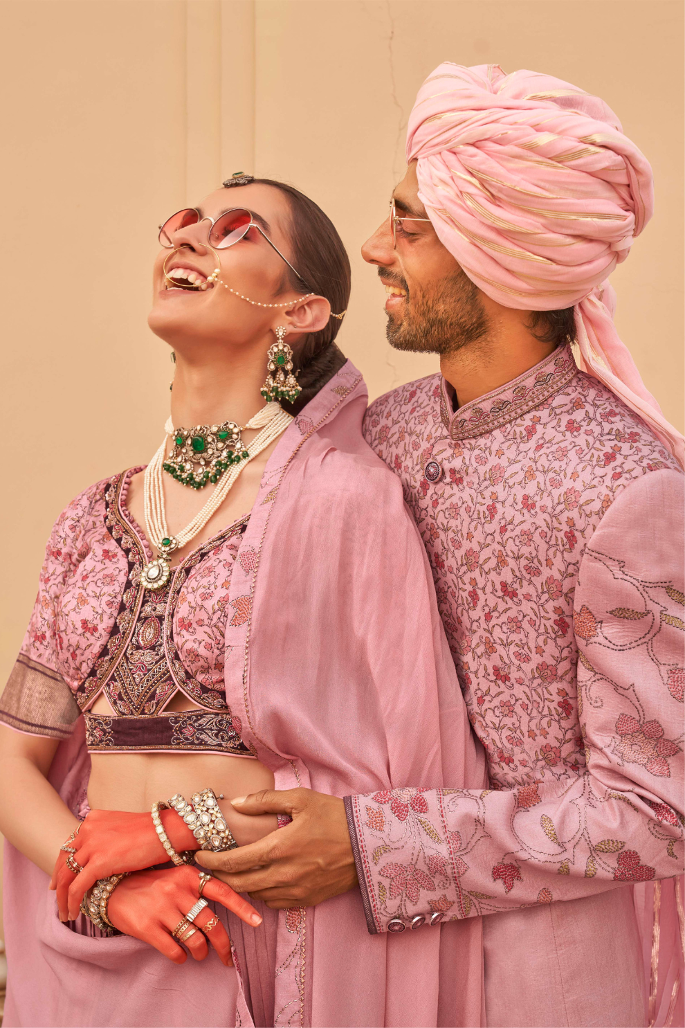 Designer Couple Outfit in Peach Floral Kurta Skirt and Men Indowestern Kurta - LaVante Fashion