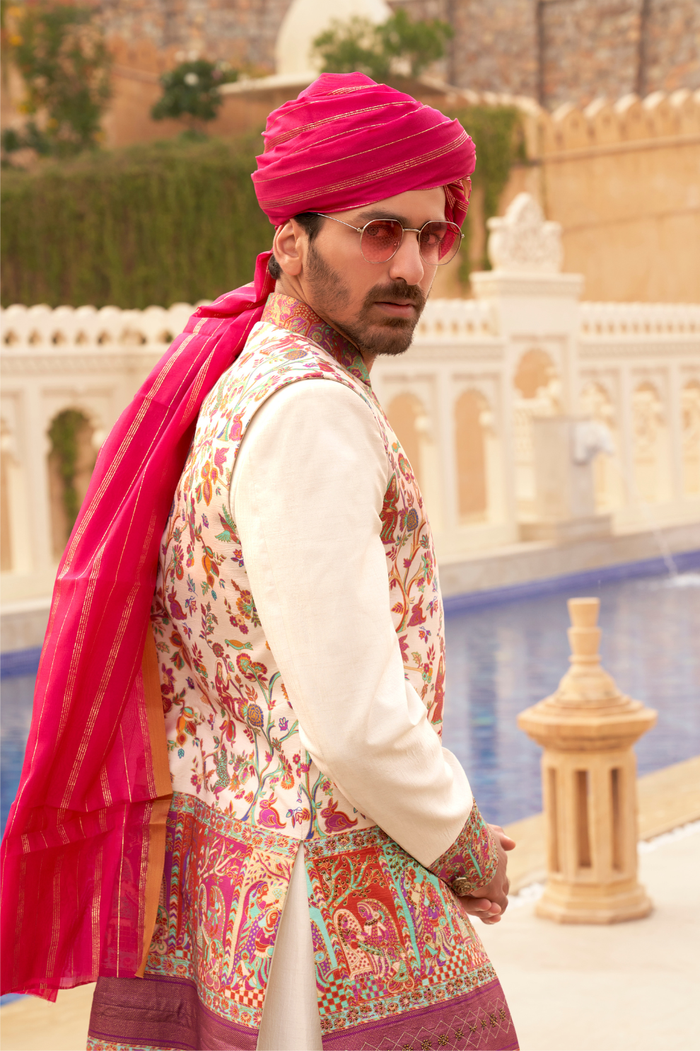 Regal White Bridal Lehenga & Floral Print Kurta Set for Couple - LaVante Fashion
