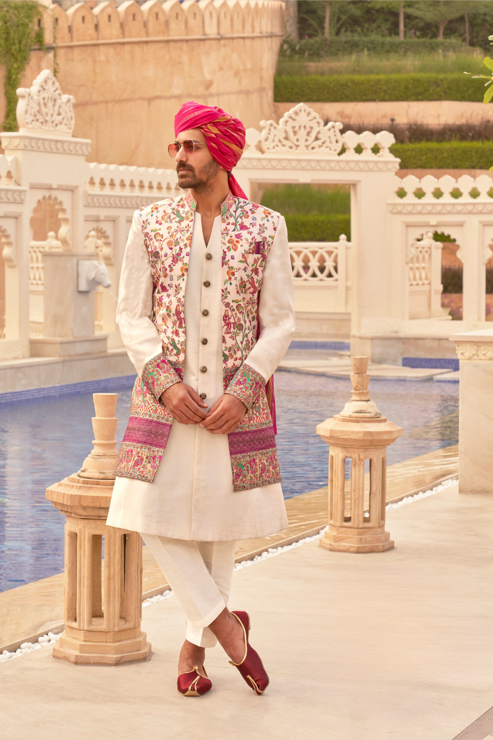 Regal White Bridal Lehenga & Floral Print Kurta Set for Couple - LaVante Fashion