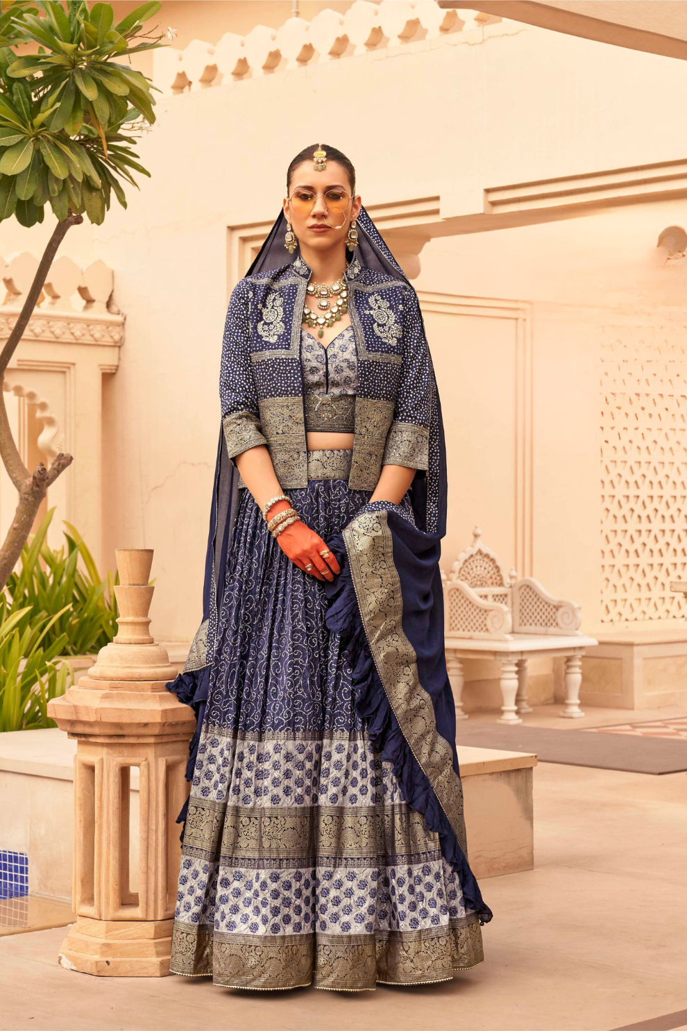 Designer Couple Outfit in Navy Blue Kurta Skirt and Men Indowestern Kurta - LaVante Fashion