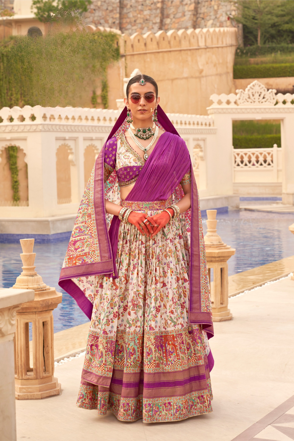 Regal White Bridal Lehenga & Floral Print Kurta Set for Couple - LaVante Fashion