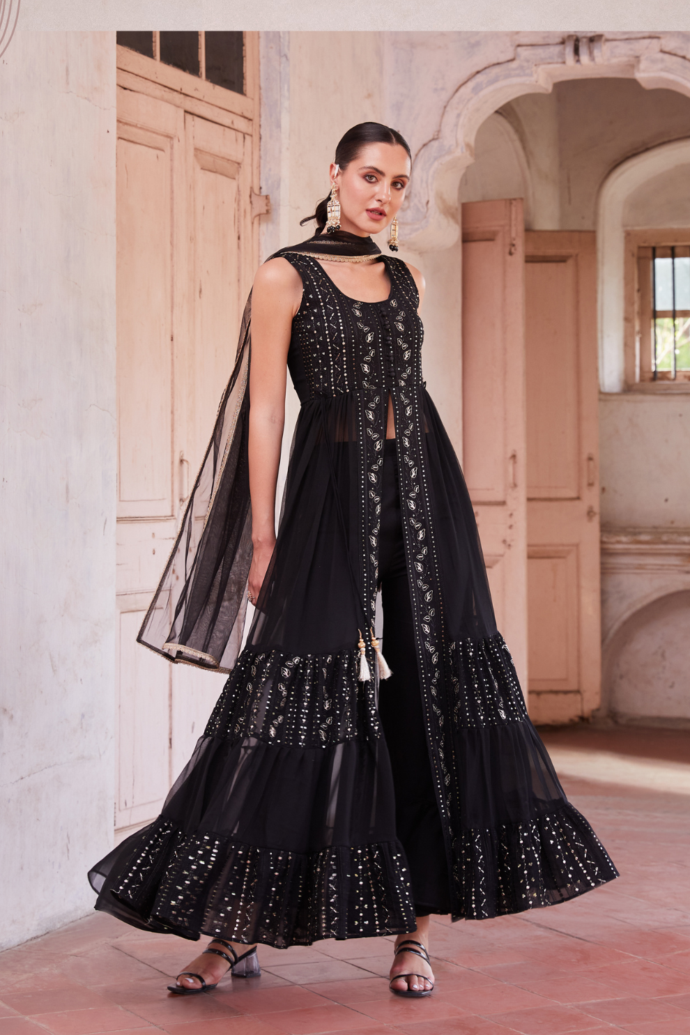 Black Anarkali Gown In Georgette With Zari Embroidery