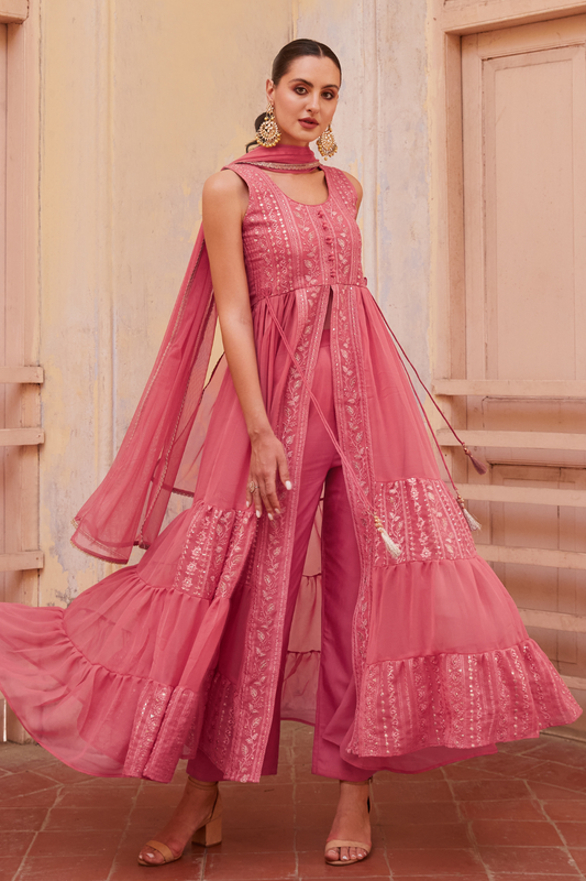 Embroidered Pink Indo-Western Georgette Outfit