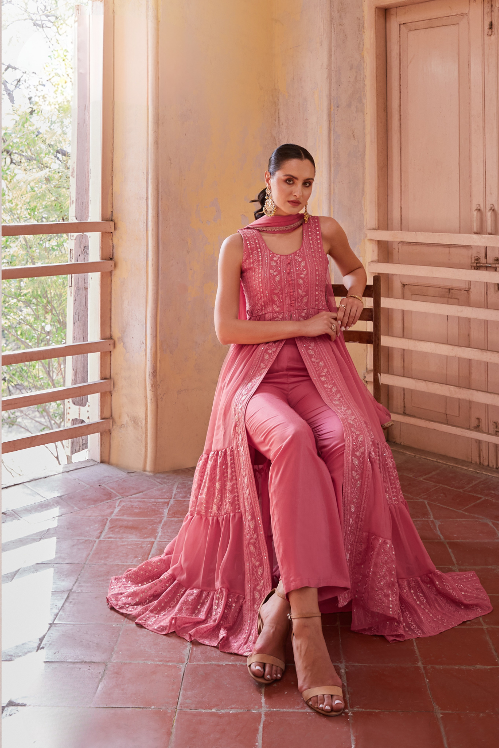Embroidered Pink Indo-Western Georgette Outfit