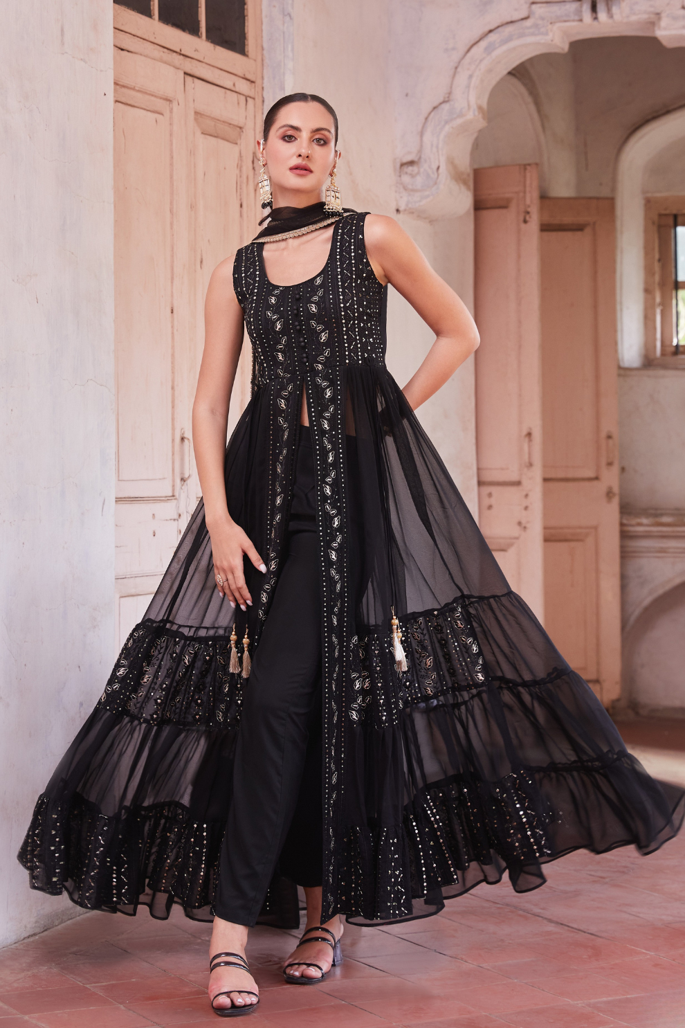 Black Anarkali Gown In Georgette With Zari Embroidery