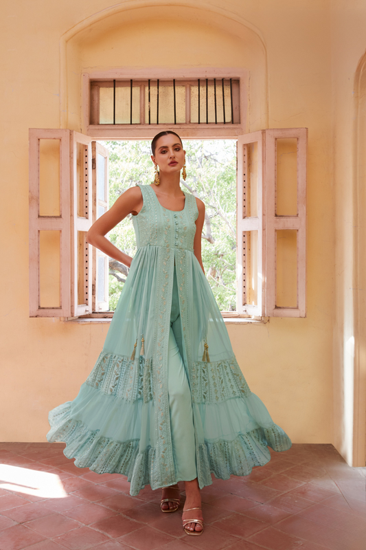 Trendy Blue Indo-Western Georgette Outfit with Intricate Embroidery Work