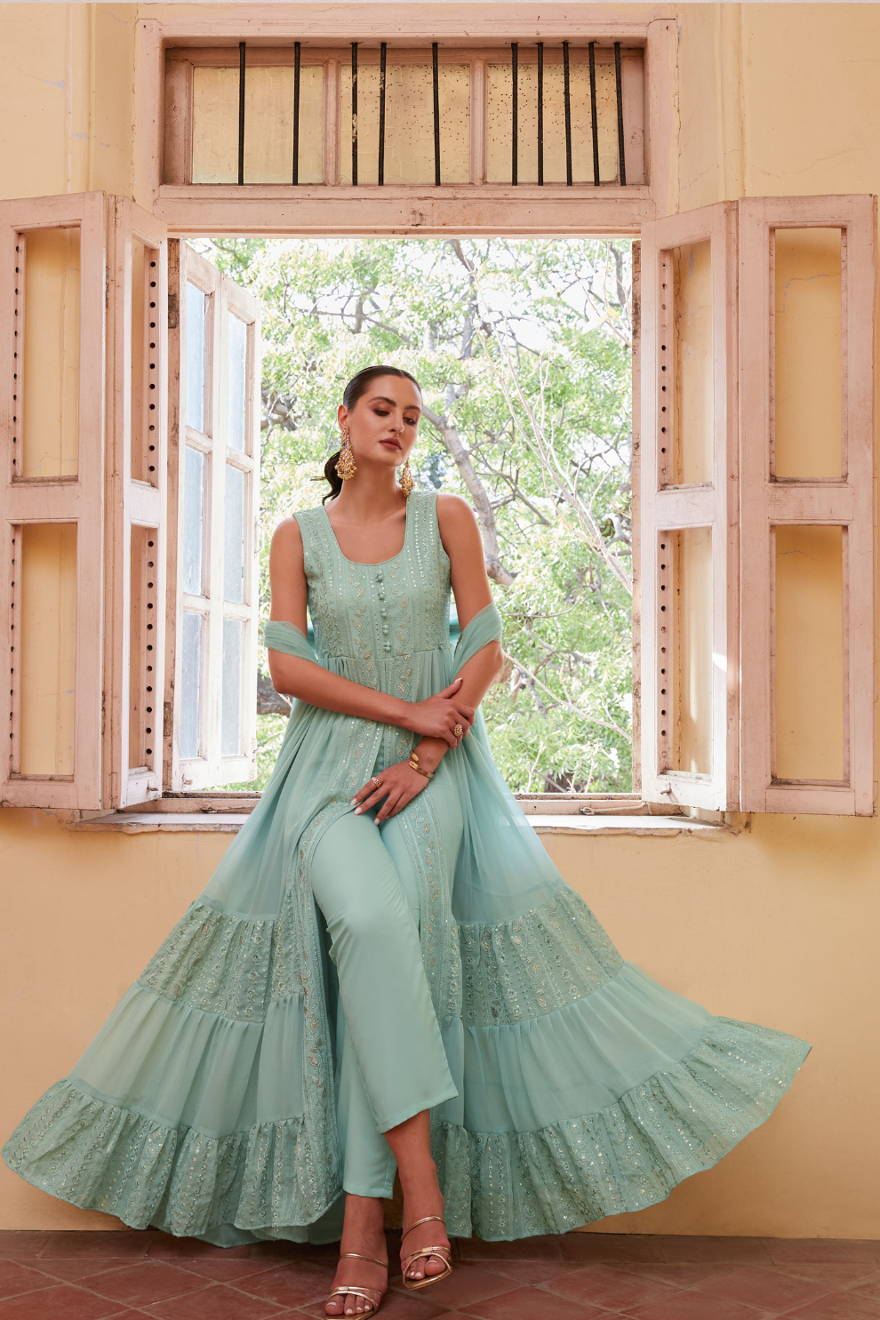 Trendy Blue Indo-Western Georgette Outfit with Intricate Embroidery Work