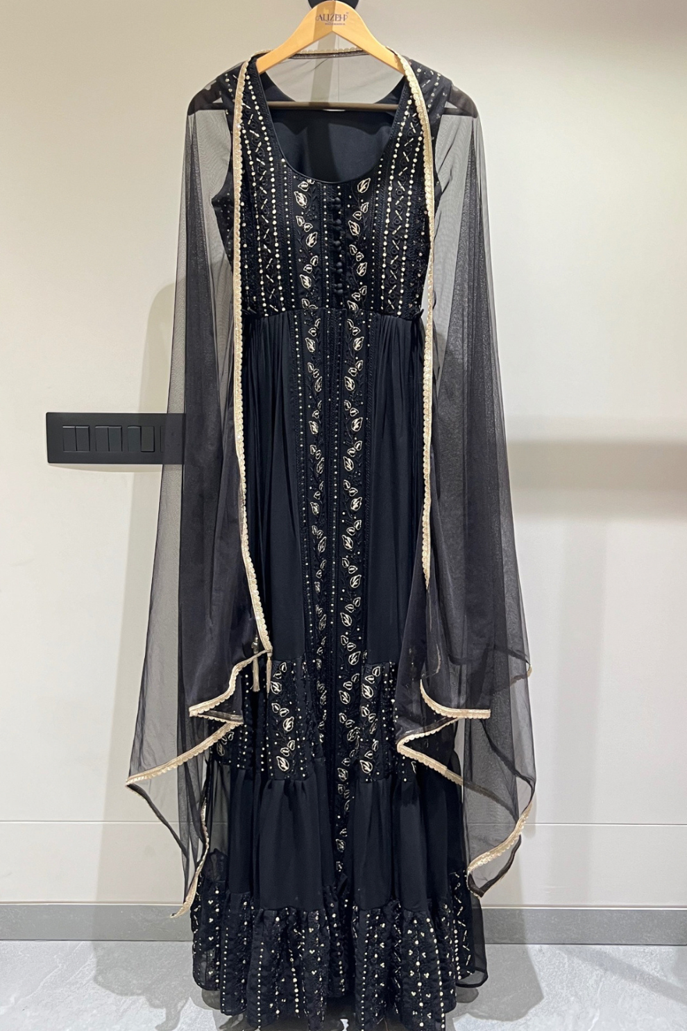 Black Anarkali Gown In Georgette With Zari Embroidery