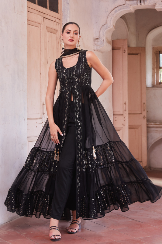 Black Anarkali Gown In Georgette With Zari Embroidery