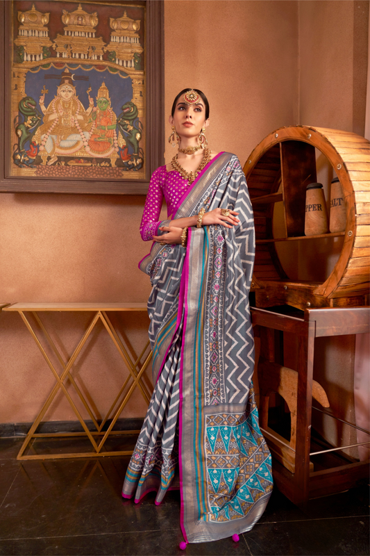 Gold Printed Patola Style Saree in Premium Sigma Silk