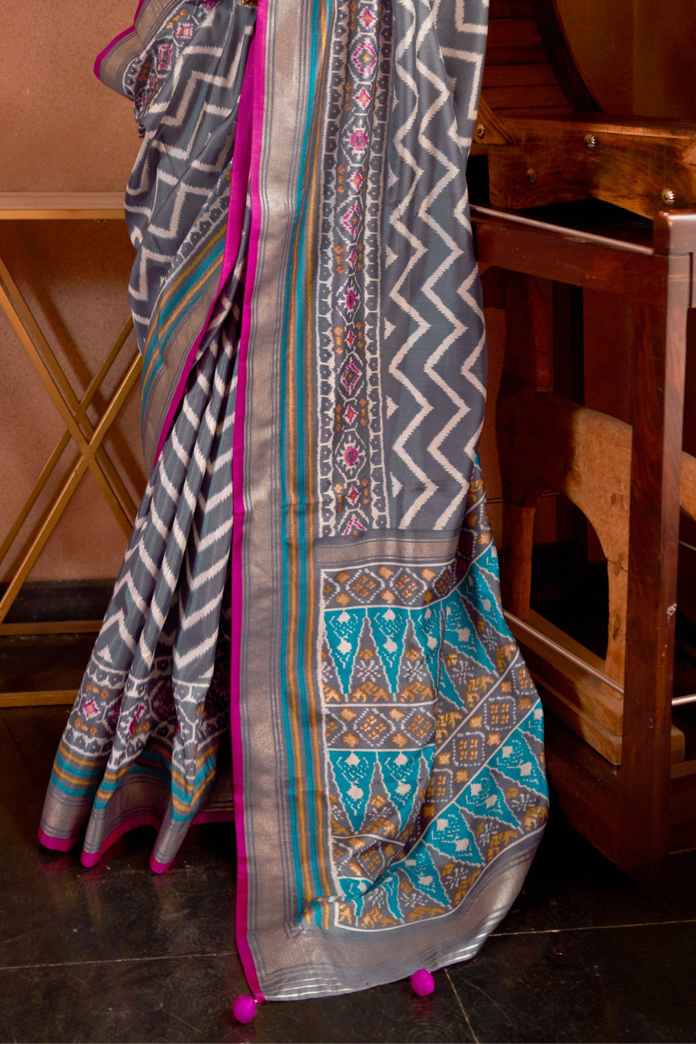 Gold Printed Patola Style Saree in Premium Sigma Silk