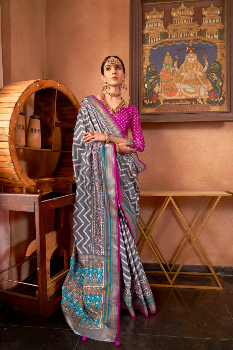 Gold Printed Patola Style Saree in Premium Sigma Silk