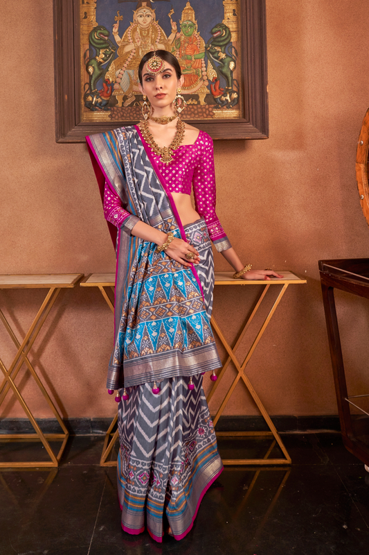 Gold Printed Patola Style Saree in Premium Sigma Silk