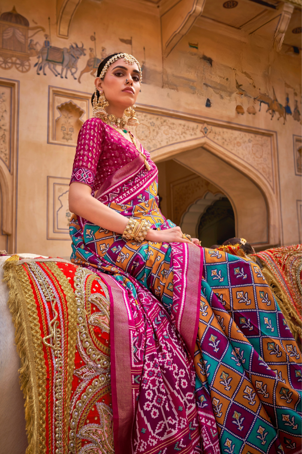 Elegant Patola Design Saree in Mercerized Silk with Gold Print