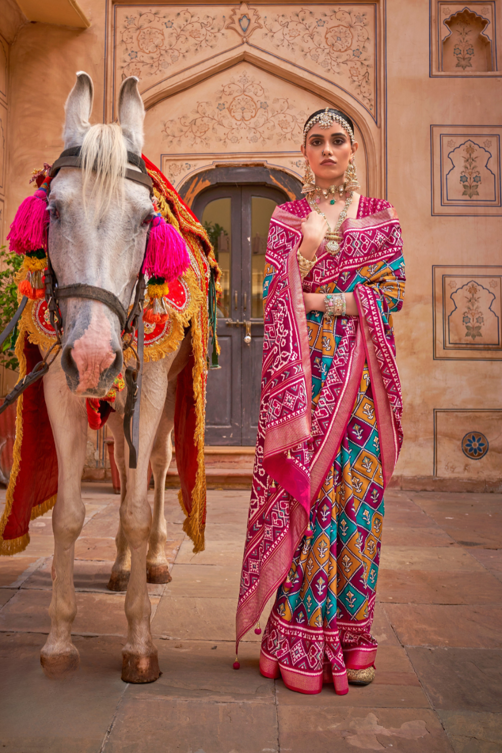 Elegant Patola Design Saree in Mercerized Silk with Gold Print