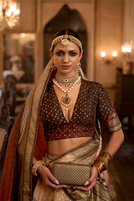 Velvet Brown &  Beige Silk Lehenga With Fine Detailing - LaVante Fashion