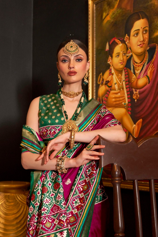 Mercerized Sigma Silk Saree with Patola Design and Gold Print