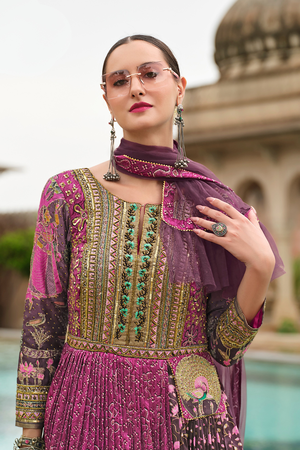 Purple Floral Printed Anarkali Gown In Premium Silk
