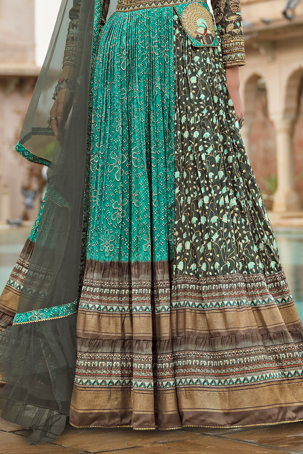 Blue Floral Printed Anarkali Gown In Premium Silk