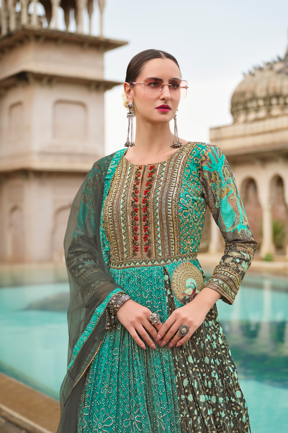 Blue Floral Printed Anarkali Gown In Premium Silk