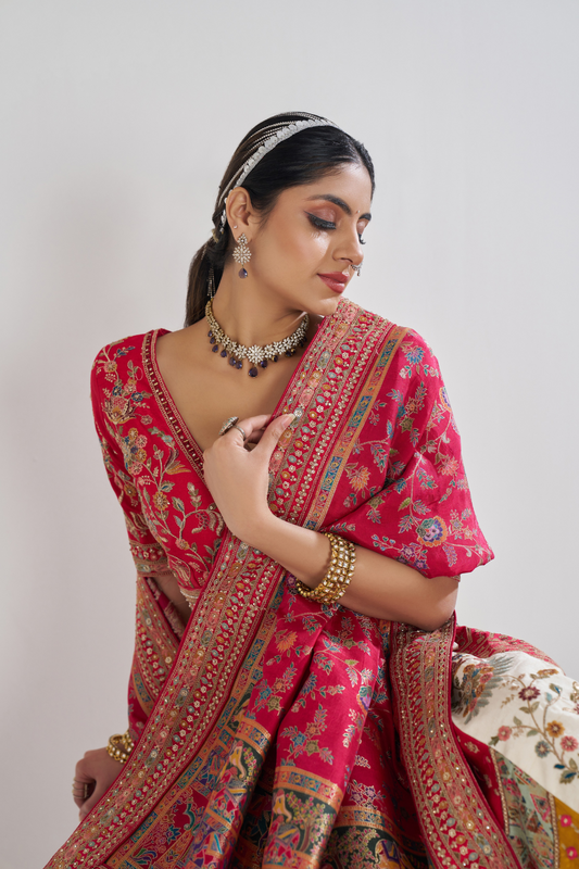 Multicolour Designer Bridal Lehenga with Banarasi Mosaic Weaving and Scallop Detailing