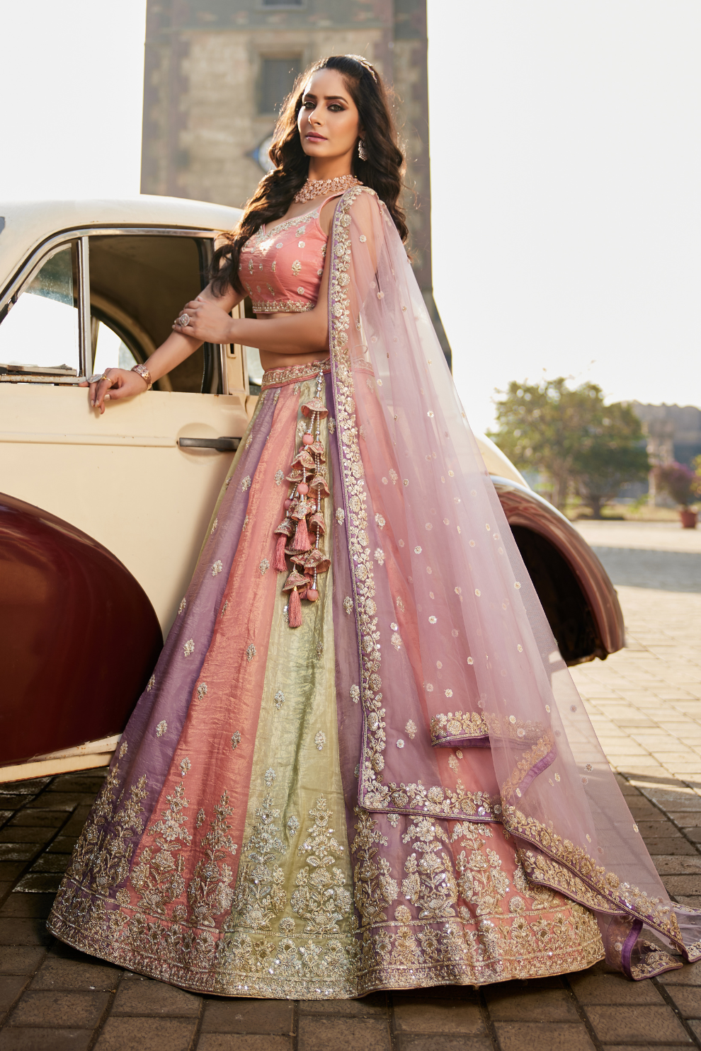 Soft Tissue Lehenga Choli Set with Coordinated Sequins Embroidery